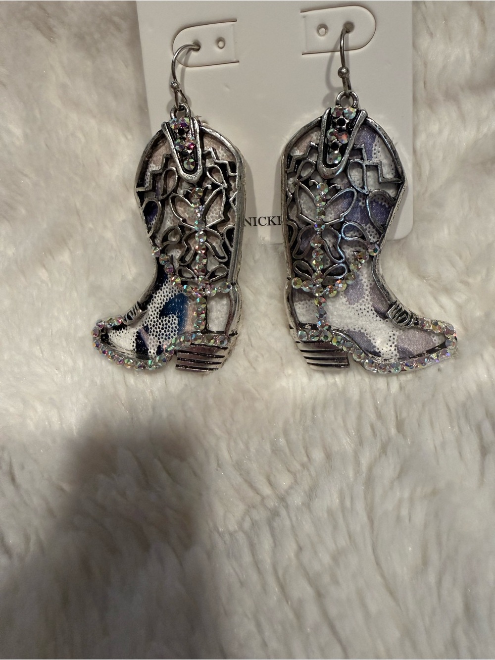 Wildflowers Silver and Purple Rhinestone Cowboy Boot Earrings